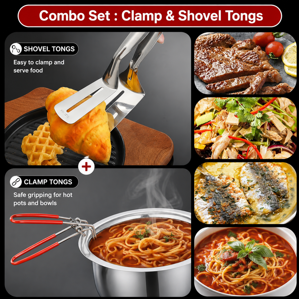 Premium 2-in-1 Stainless Steel Kitchen Tong Combo Set | Heavy Duty Pakad Chimta & Multi-Purpose Cooking Tong for Frying, BBQ, Serving & Hot Pot Handling