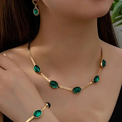 Emerald Green Crystal Jewelry Set – Necklace, Bracelet & Earrings (3 Pcs Premium (Set)