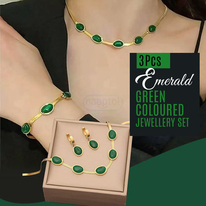 Emerald Green Crystal Jewelry Set – Necklace, Bracelet & Earrings (3 Pcs Premium (Set)